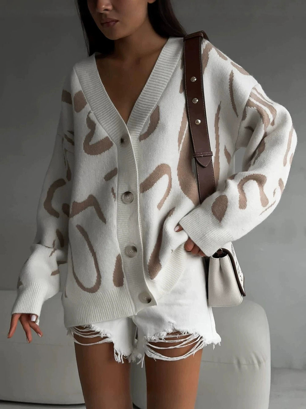 Zara Fall Winter Abstract Jacquard Collar Knit Cardigan Loose